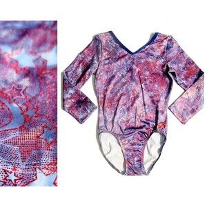 GK Essentials AS Star Spangled Foil Leotard 3/4 Sleeve VTG Blue Red, Adult Small